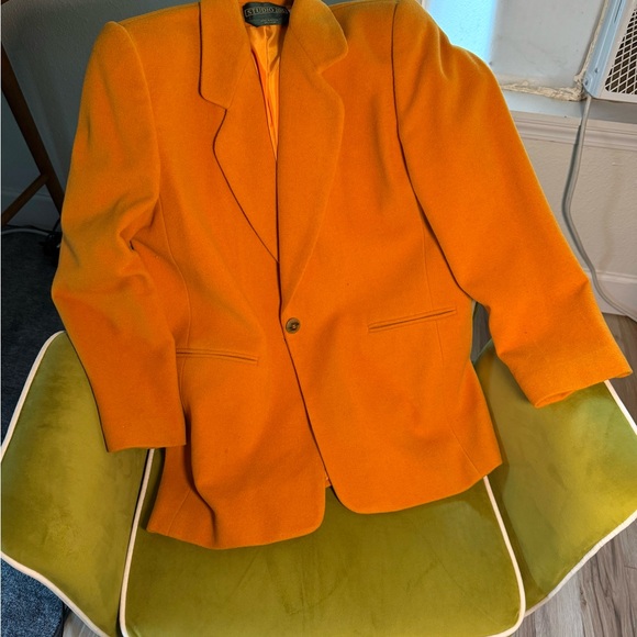 Vintage 90s Vibrant Mustard Yellow Orange Cashmere Wool Oversized Women’s Blazer - Picture 8 of 8